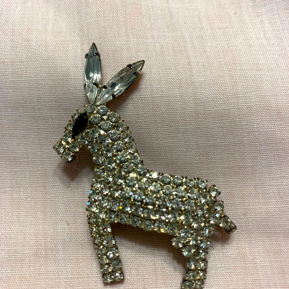 Vintage rhinestone donkey brooch 1980’s pin. Rare find.Black stone eye